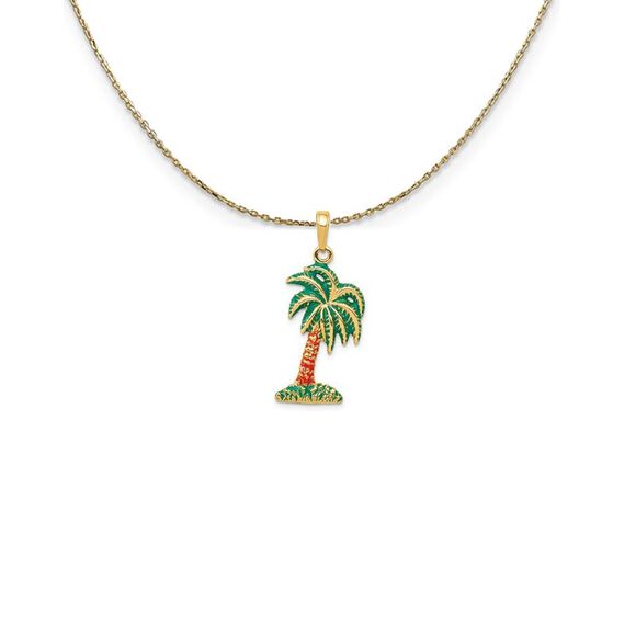 14k Yellow Gold Enameled Palm Tree Necklace - 24 Inch